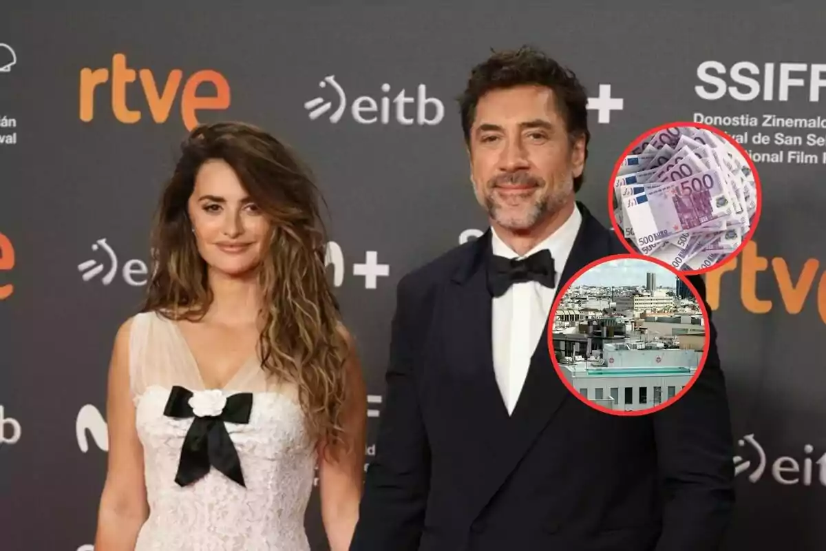 Una pareja posa en una alfombra roja con logotipos de fondo y dos círculos muestran billetes de euro y una vista de una ciudad
