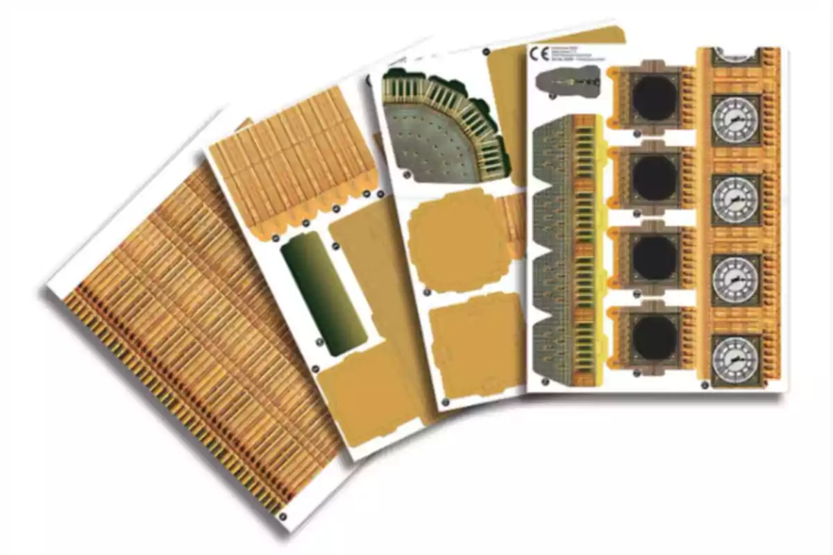 Hojas impresas con piezas recortables de cartón que simulan partes de una locomotora antigua Hojas impresas con piezas recortables de cartón que simulan partes de una locomotora antigua