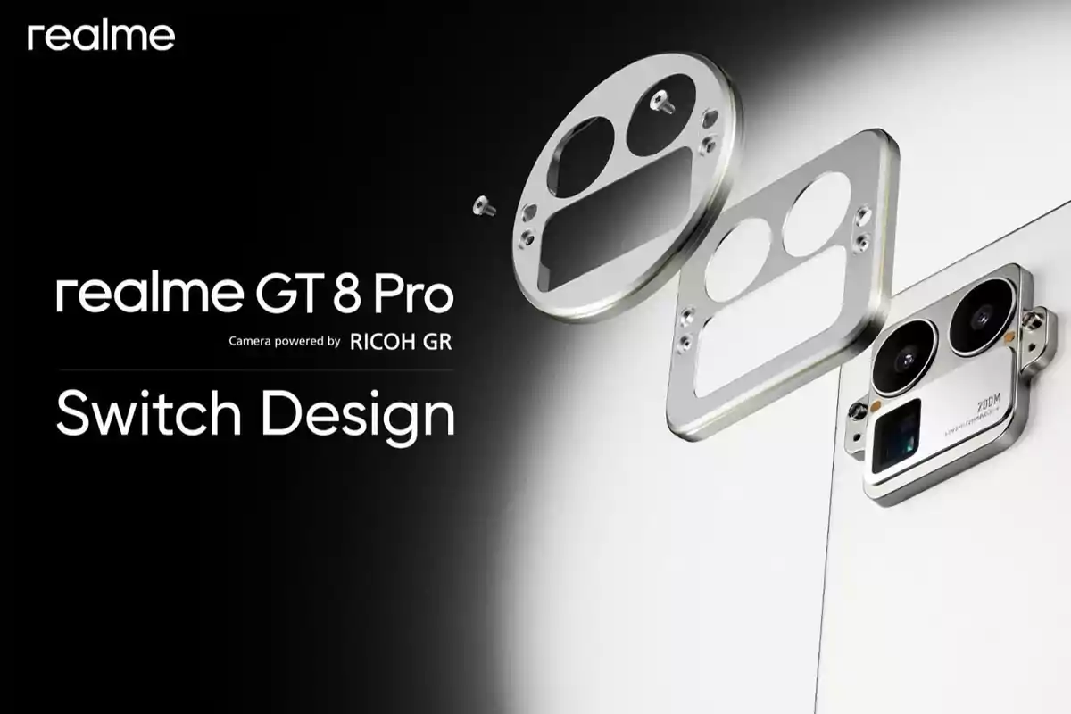 Imagen promocional del realme GT 8 Pro mostrando el módulo de cámara extraíble y el texto Switch Design junto al logo de realme