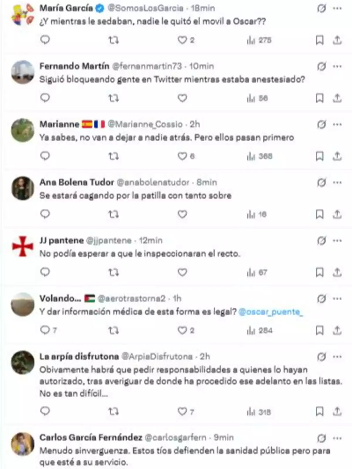 Captura de pantalla de varios tuits en los que diferentes usuarios comentan de forma irónica y crítica sobre una situación relacionada con una persona llamada Óscar, mencionando temas de sanidad, privilegios y uso de información médica.