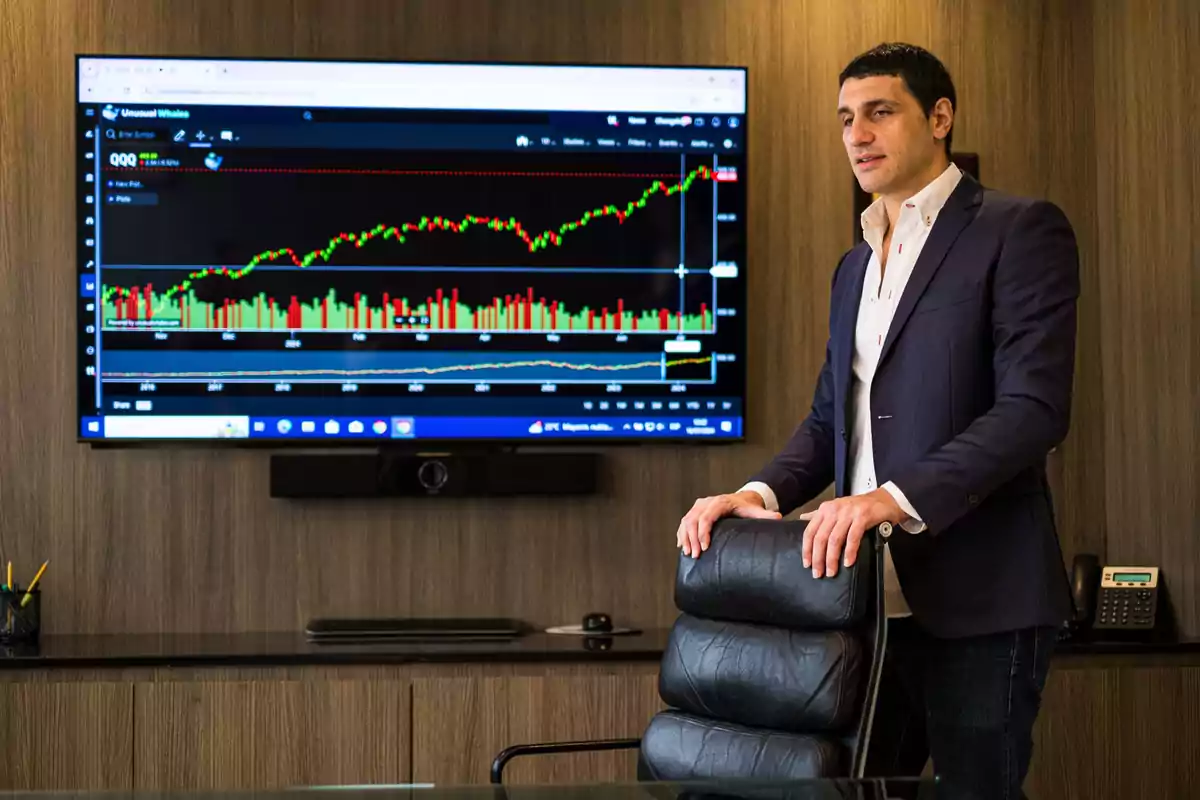 Hombre de pie junto a una silla en una oficina con una pantalla mostrando un gráfico financiero en la pared