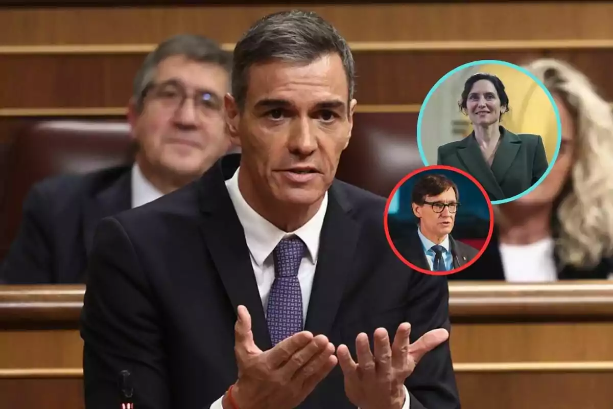 Hombre de traje hablando en un parlamento con dos personas en círculos superpuestos en la esquina derecha