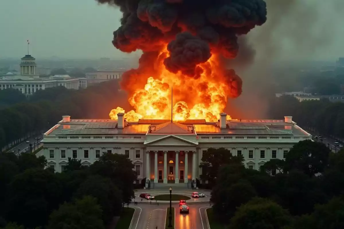 Explosión masiva con llamas y humo negro saliendo del techo de un edificio gubernamental blanco rodeado de árboles y vehículos de emergencia en la entrada
