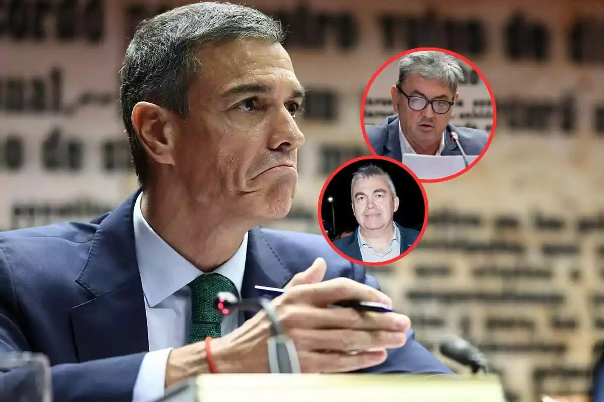 Hombre de traje con gesto serio en primer plano y dos hombres en círculos rojos en la esquina superior derecha