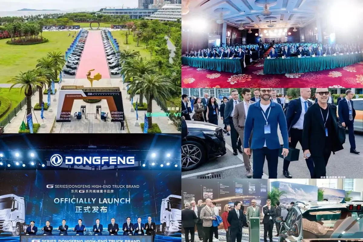 Collage de un evento corporativo de la marca Dongfeng con una alfombra roja rodeada de autos, una gran conferencia en salón, ejecutivos caminando al aire libre, presentación oficial de camiones en un escenario y asistentes observando vehículos y tecnología en una exposición