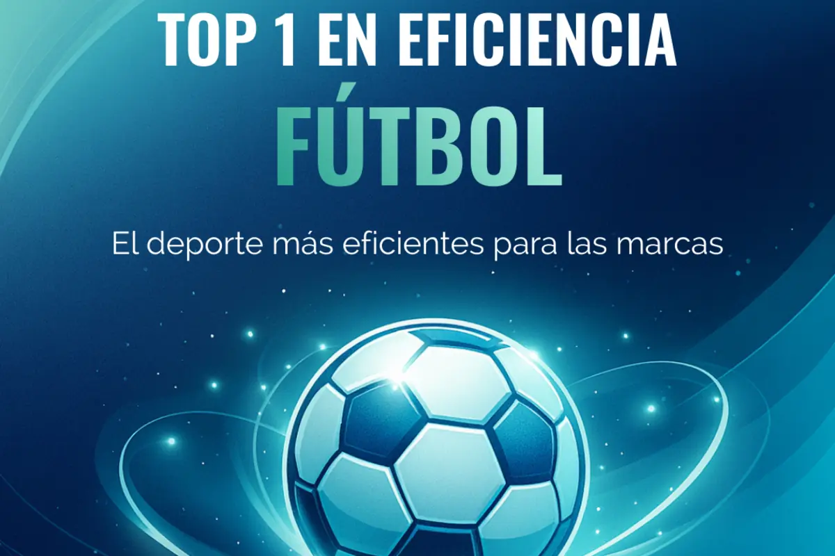 Imagen con fondo azul que muestra un balón de fútbol y texto que destaca al fútbol como el deporte más eficiente para las marcas