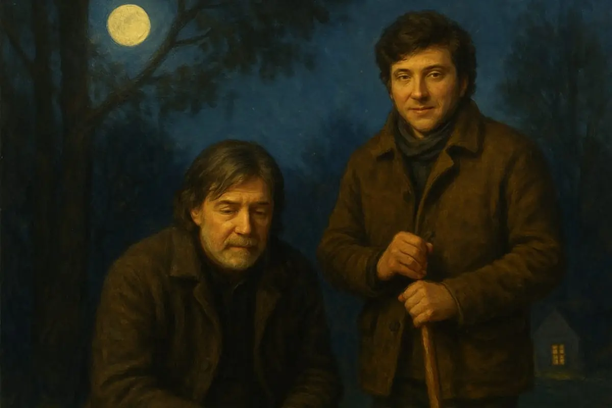 Dos hombres con abrigos marrones posan en un entorno nocturno al aire libre con la luna llena y una pequeña casa iluminada al fondo