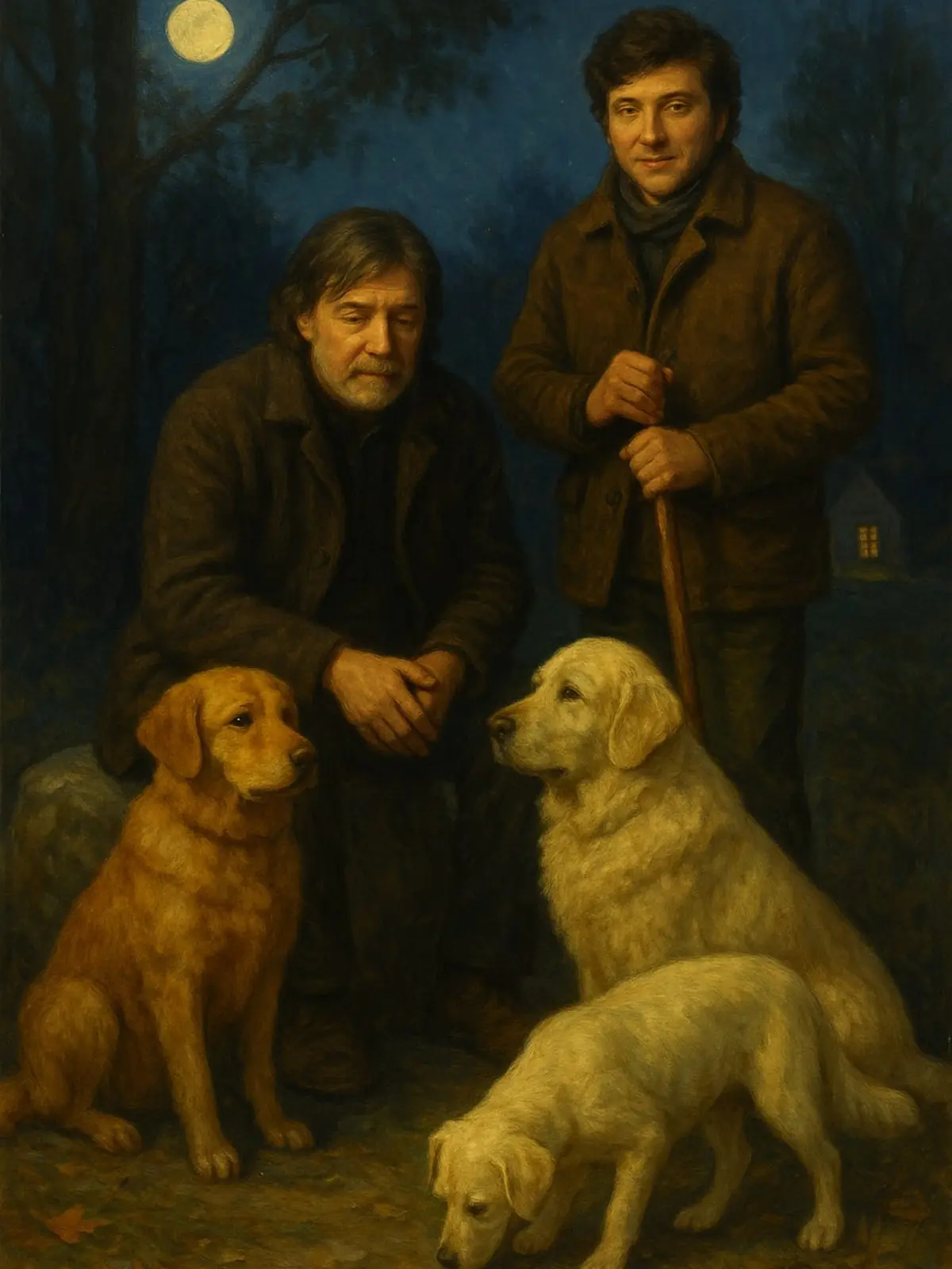 Dos hombres con ropa de abrigo posan en un entorno nocturno bajo la luz de la luna, uno de ellos está sentado y el otro de pie sosteniendo un bastón, al fondo se ven árboles y una pequeña casa iluminada.