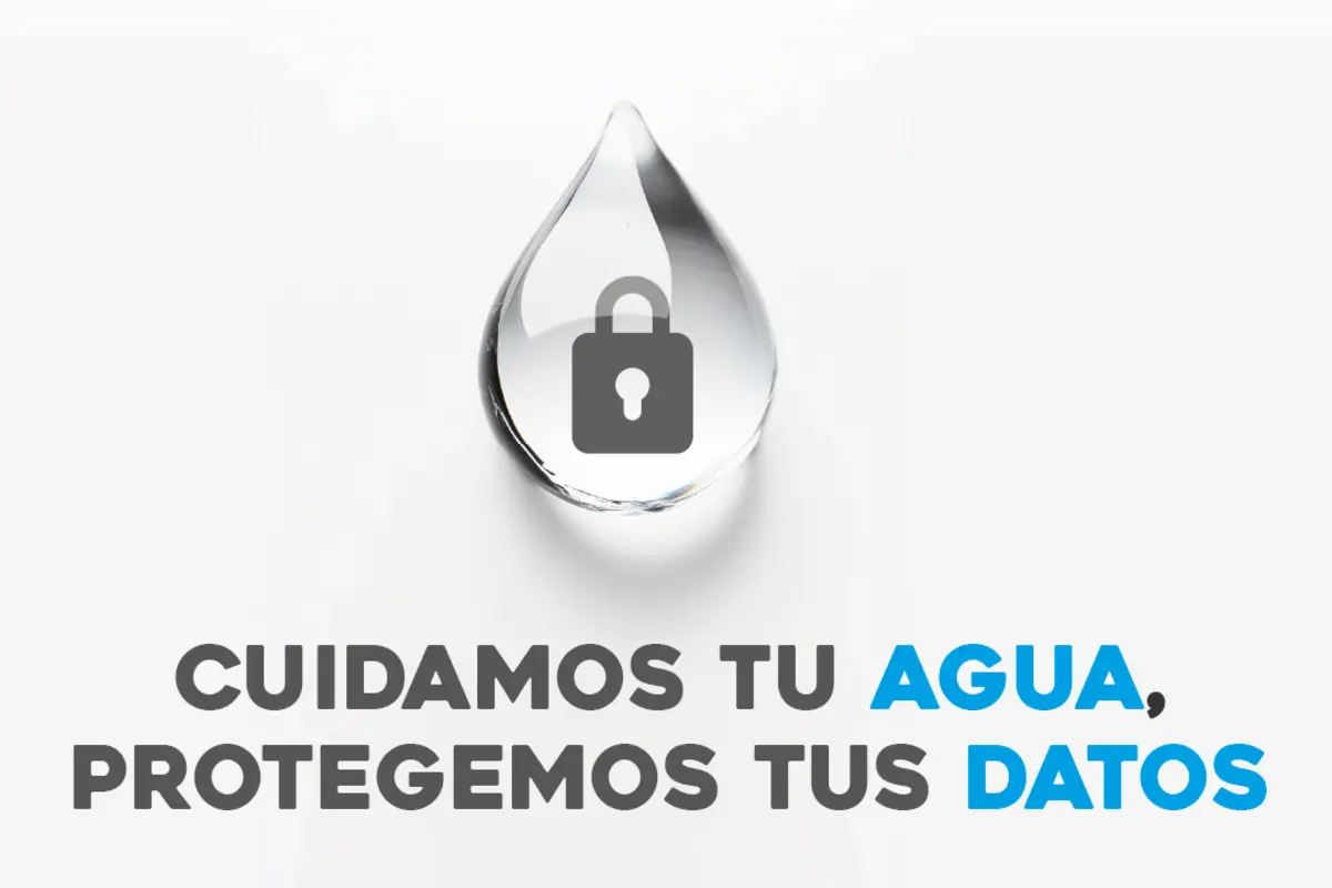 Gota de agua transparente con icono de candado y texto cuidamos tu agua protegemos tus datos