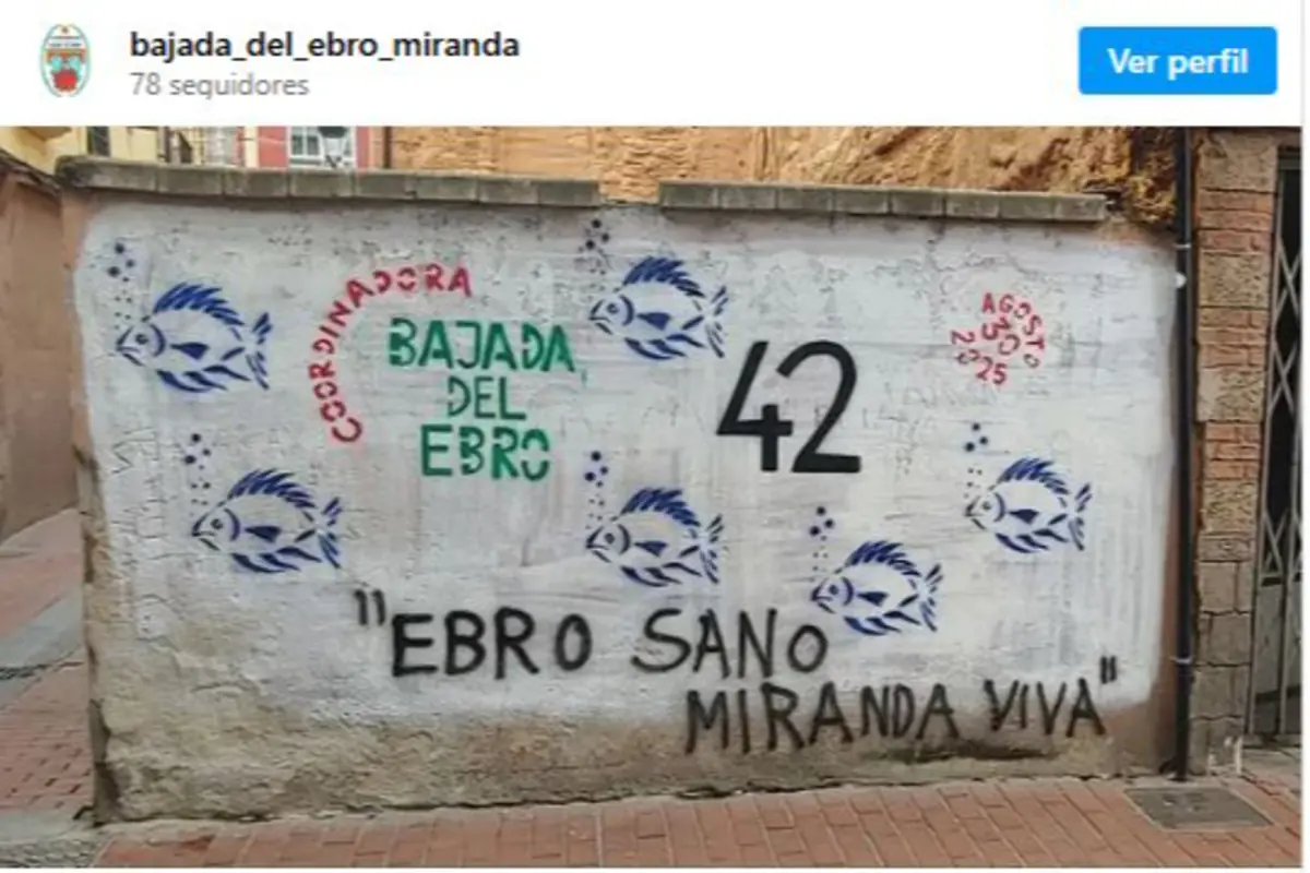 Mural callejero de la Bajada del Ebro número 42 con peces azules y el lema Ebro sano Miranda viva pintado sobre una pared blanca