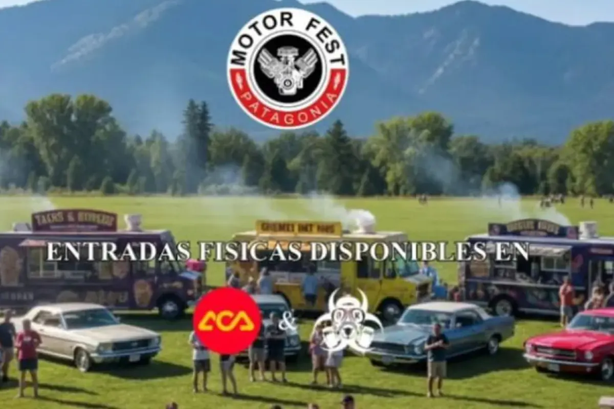 Festival de autos clásicos en un campo con montañas al fondo, food trucks, personas y el logo de Motor Fest Patagonia junto al texto entradas físicas disponibles en