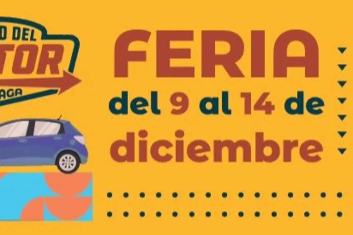 Cartel amarillo con letras grandes que anuncia una feria del 9 al 14 de diciembre, incluye un dibujo de un coche azul y elementos decorativos geométricos