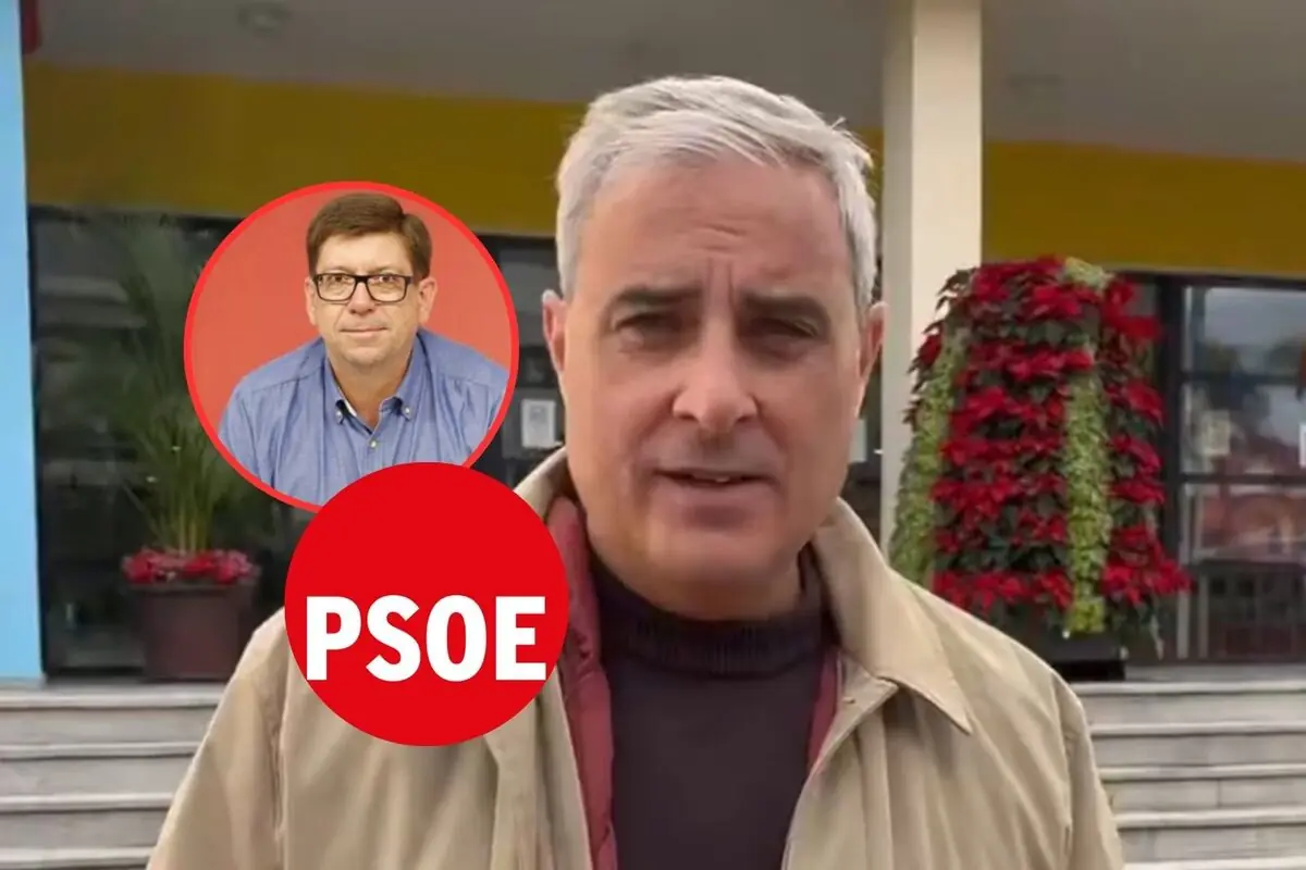 Hombre de cabello canoso en primer plano con un círculo rojo que contiene la palabra PSOE y la foto de otro hombre con gafas y camisa azul sobre un fondo rojo