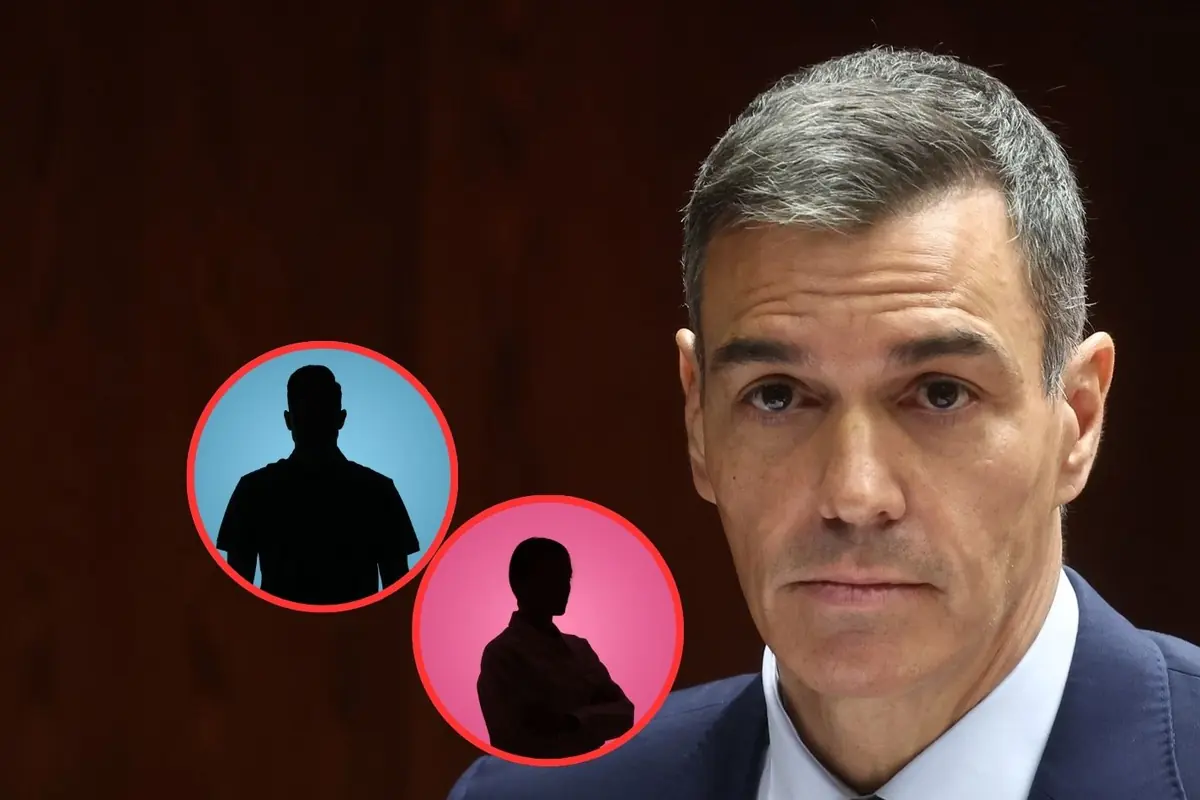 Hombre de cabello canoso con expresión seria en primer plano y dos siluetas dentro de círculos de colores en el fondo