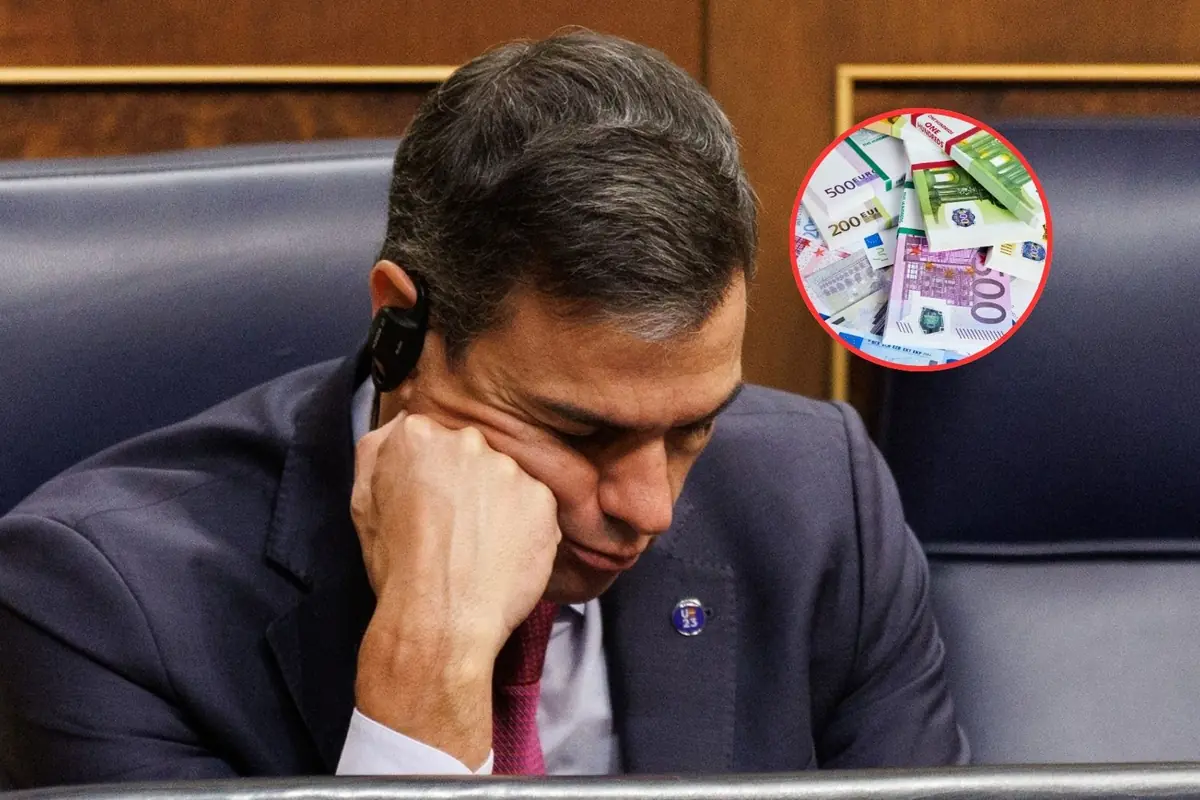 Hombre con expresión preocupada sentado en un escaño mientras en la esquina superior derecha aparece un círculo con billetes de euro