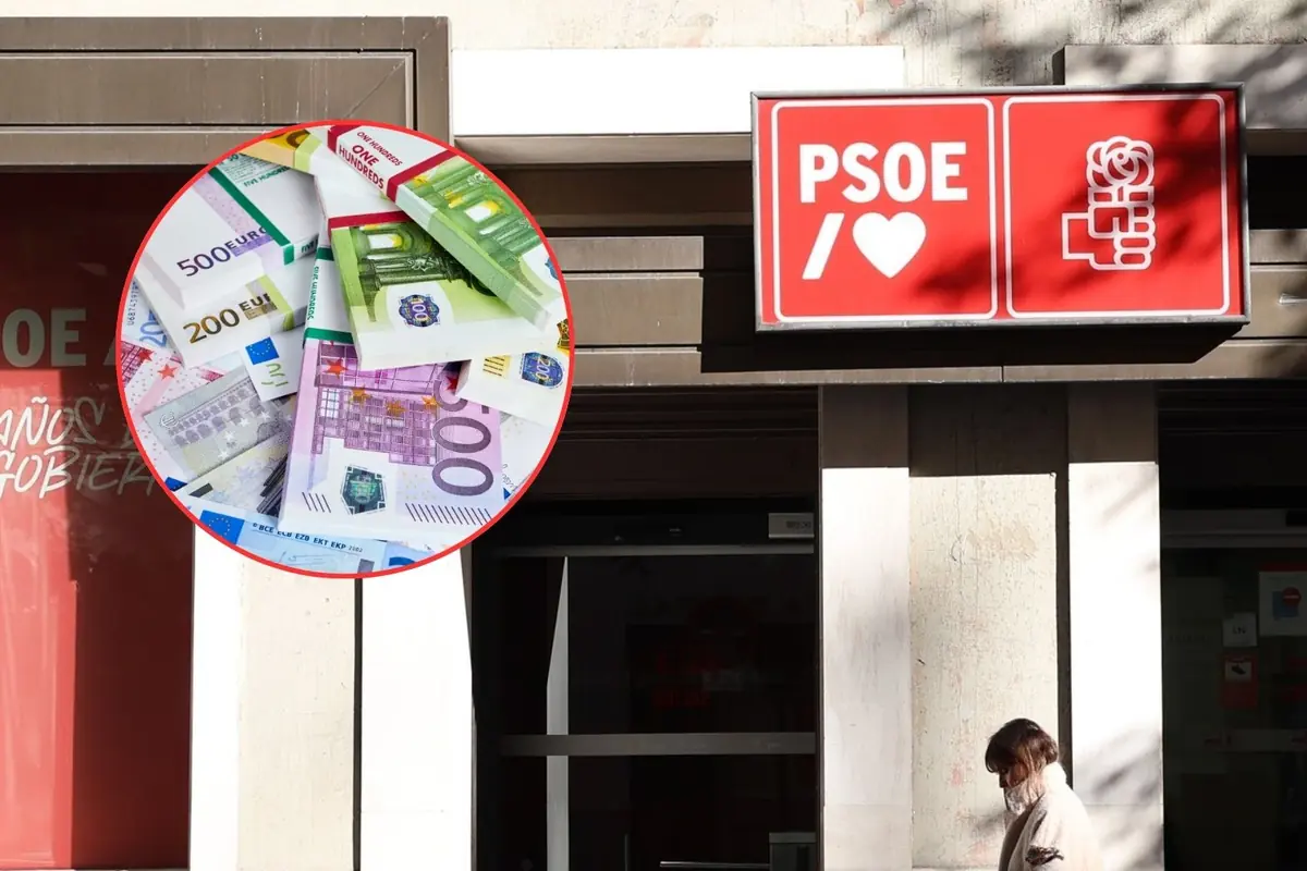 Fachada de una sede del PSOE con su cartel rojo y un círculo superpuesto que muestra fajos de billetes de euro