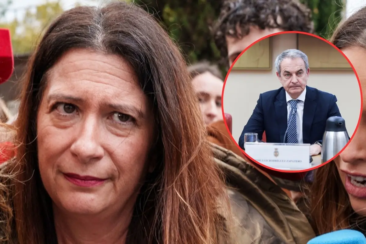 Primer plano de una mujer con gesto serio al aire libre con un círculo rojo que resalta a un hombre de traje sentado en una mesa en un entorno institucional