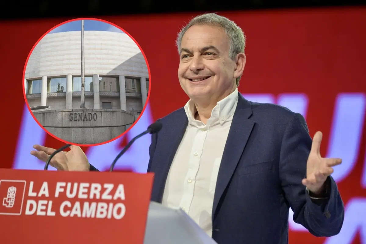 Político sonriente dando un discurso en un atril rojo con el lema La fuerza del cambio y un recuadro que muestra la fachada del edificio del Senado