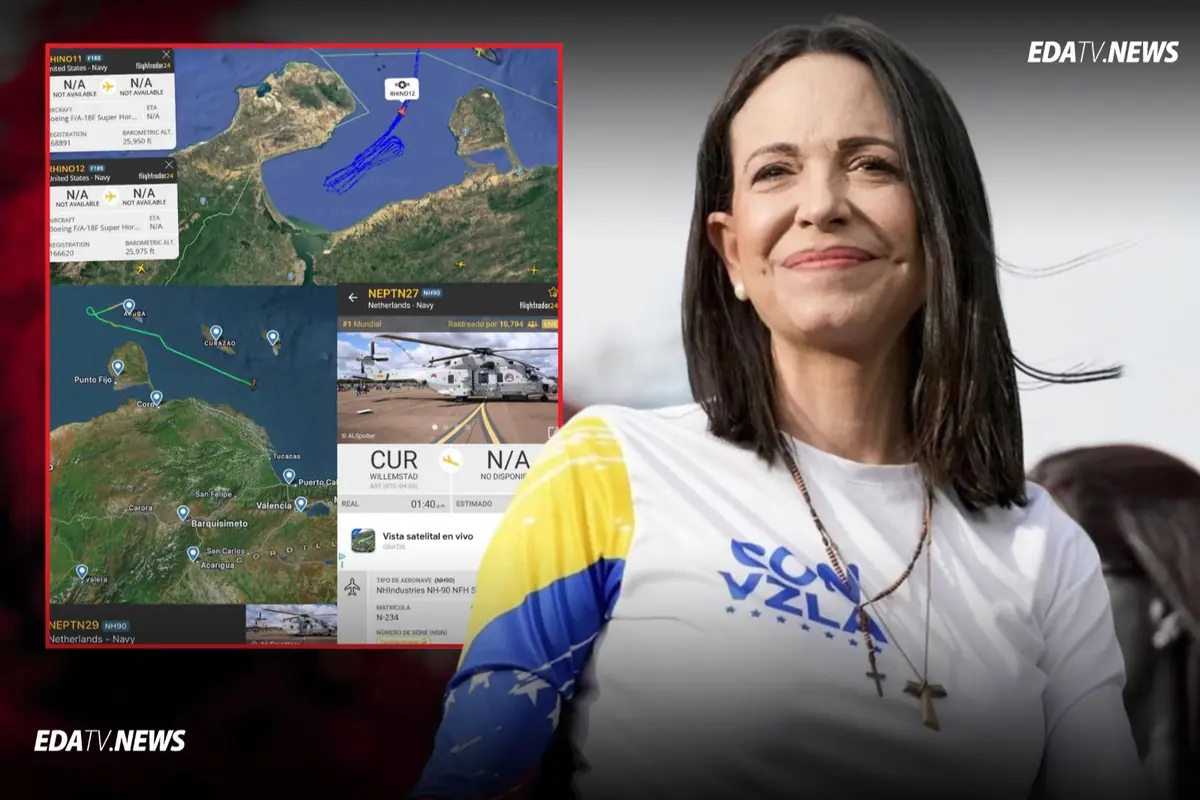 Mujer de cabello oscuro y liso con camiseta blanca y detalles de la bandera de Venezuela, al fondo un recuadro muestra mapas de rutas aéreas y un helicóptero, con el logo de EDATV.NEWS en la esquina.