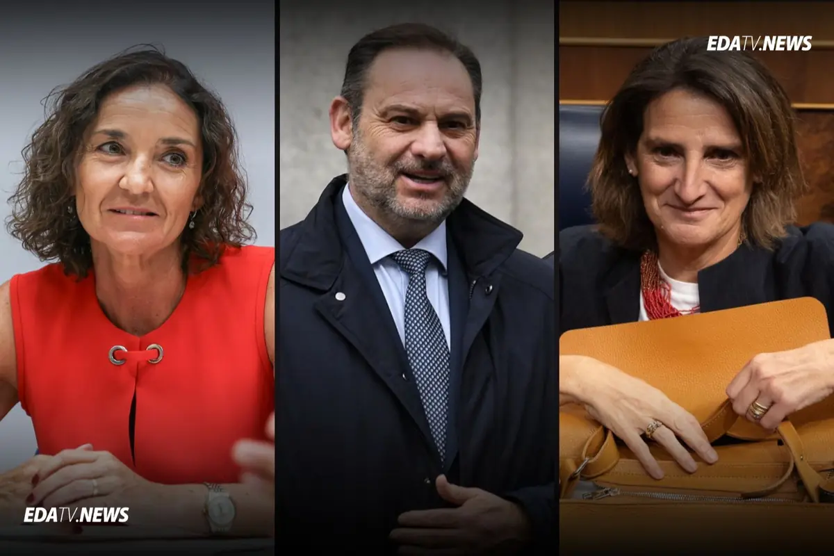 Tres personas adultas en formato collage vertical una mujer con vestido rojo a la izquierda un hombre con traje y abrigo en el centro y otra mujer con chaqueta oscura sujetando una carpeta marrón a la derecha con el logotipo EDATV NEWS en las esquinas