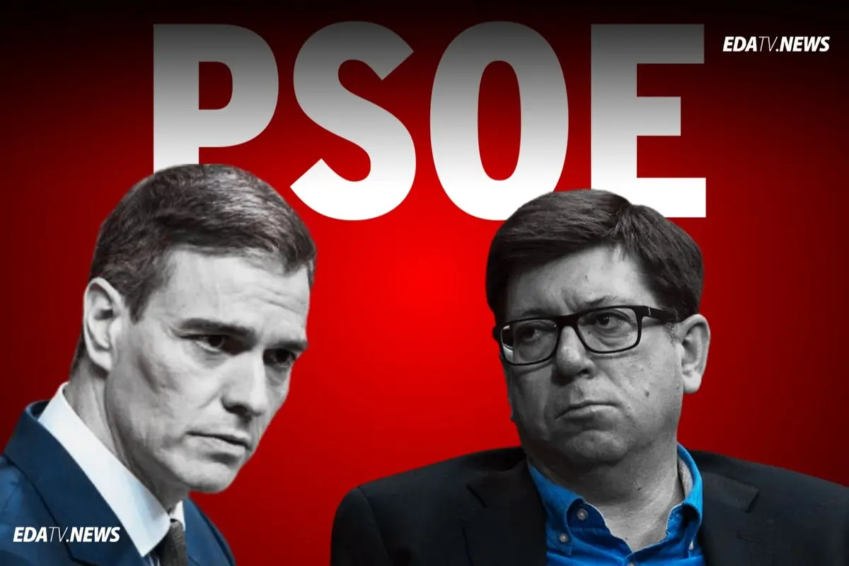 Dos hombres con expresión seria frente a un fondo rojo con las letras PSOE en grande