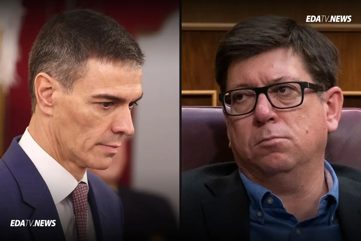 Dos hombres con expresión seria aparecen en un montaje dividido, uno de ellos lleva traje y corbata y el otro usa gafas y camisa azul, ambos en un entorno formal.