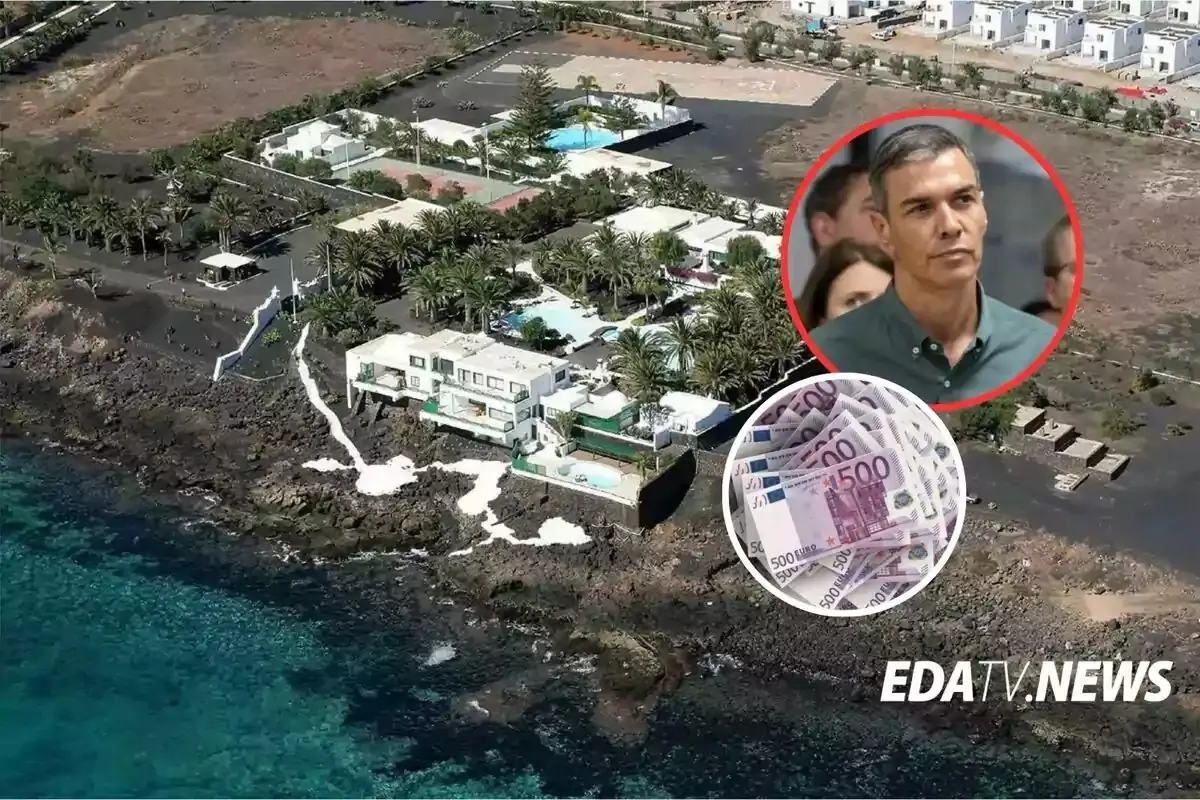 Vista aérea de una lujosa propiedad junto al mar con palmeras y piscinas, sobre la imagen aparecen dos círculos, uno con el rostro de un hombre y otro con billetes de 500 euros, en la esquina inferior derecha está el logo de EDATV NEWS