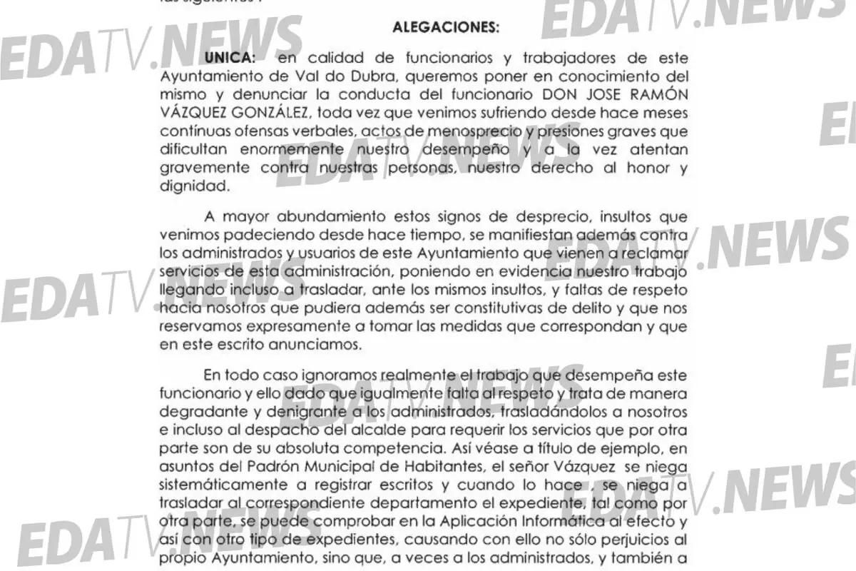 Documento con membrete de EDATV.News que muestra un escrito de alegaciones de funcionarios del Ayuntamiento de Val do Dubra denunciando presuntas ofensas verbales, desprecios y presiones graves por parte del funcionario José Ramón Vázquez González Documento con membrete de EDATV.News que muestra un escrito de alegaciones de funcionarios del Ayuntamiento de Val do Dubra denunciando presuntas ofensas verbales, desprecios y presiones graves por parte del funcionario José Ramón Vázquez González