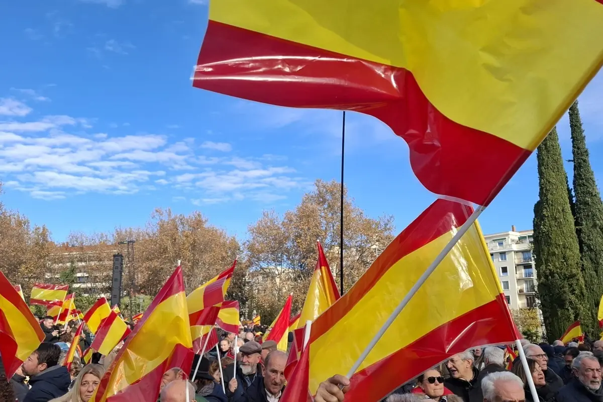 Manifestación con muchas personas ondeando banderas de España bajo un cielo azul y árboles de fondo
