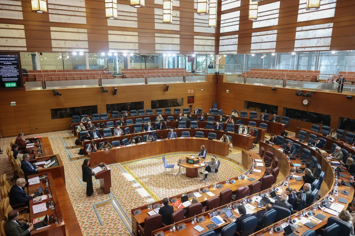 Vista general de un parlamento moderno con escaños semicirculares ocupados por diputados durante una sesión plenaria Vista general de un parlamento moderno con escaños semicirculares ocupados por diputados durante una sesión plenaria