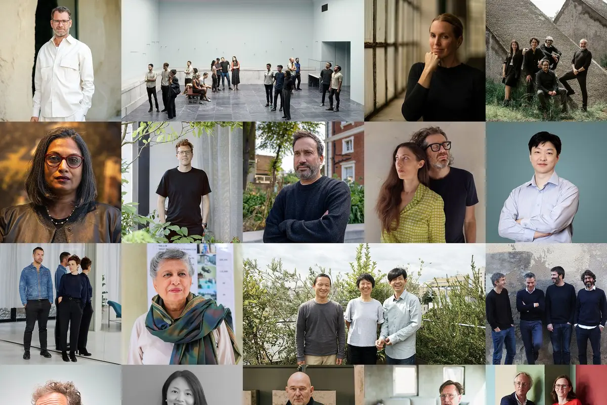 Collage de retratos de varios arquitectos y diseñadores posando individualmente y en pequeños grupos en interiores y exteriores