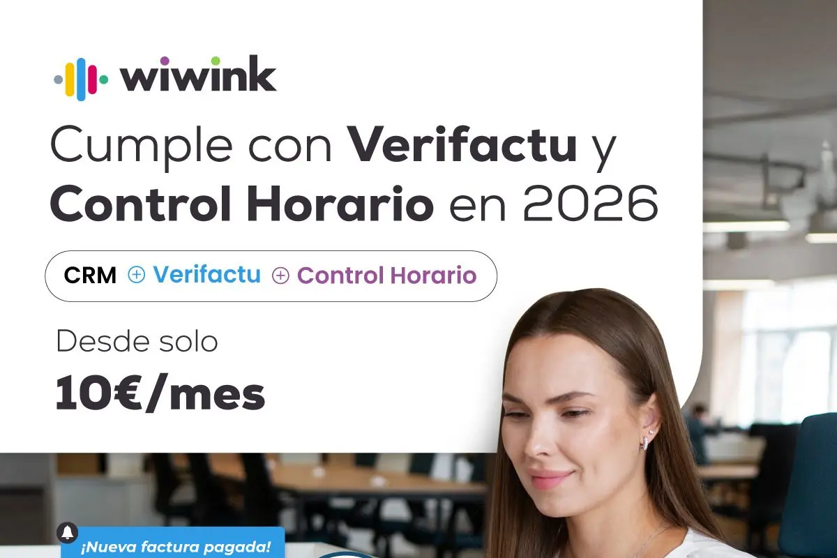 Publicidad de Wiwink que promociona el cumplimiento con Verifactu y Control Horario en 2026 desde 10 euros al mes, mostrando a una mujer trabajando en una oficina moderna.