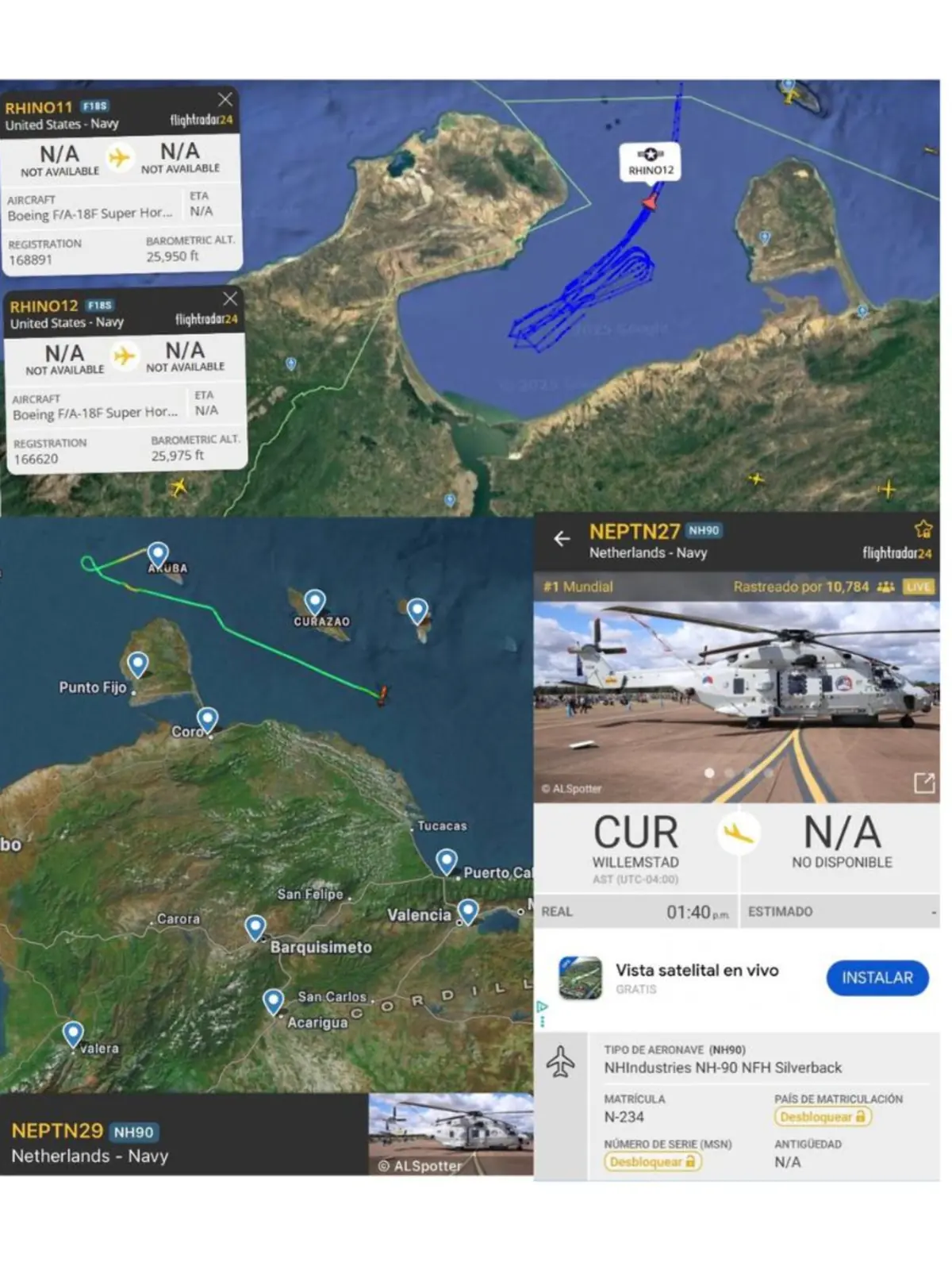 Captura de pantalla de un rastreador de vuelos que muestra la ubicación y trayectorias de aeronaves militares de Estados Unidos y Países Bajos cerca de la costa norte de Venezuela, incluyendo detalles de los aviones y un helicóptero NH90 Captura de pantalla de un rastreador de vuelos que muestra la ubicación y trayectorias de aeronaves militares de Estados Unidos y Países Bajos cerca de la costa norte de Venezuela, incluyendo detalles de los aviones y un helicóptero NH90