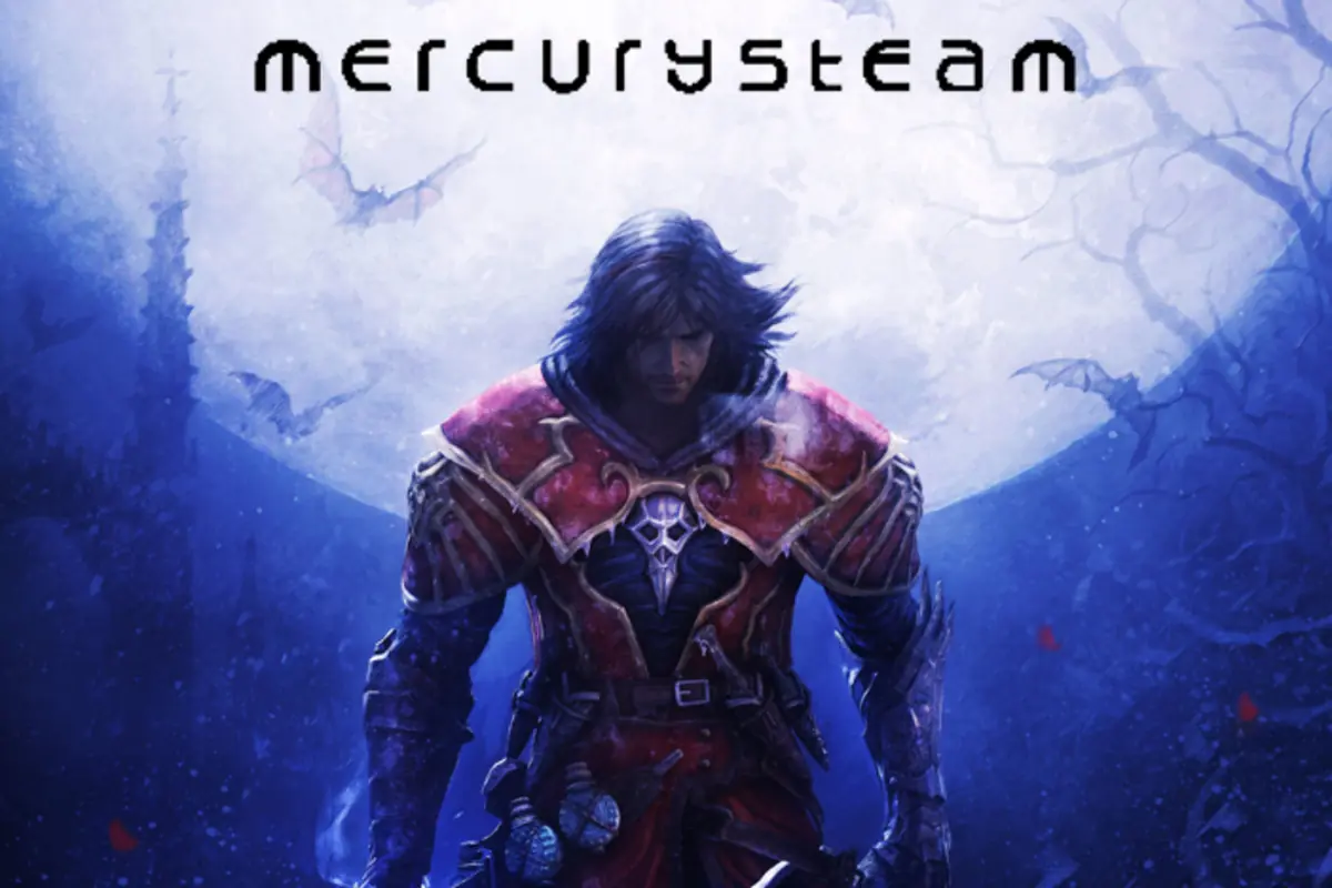 Guerrero con armadura roja y negra de pie bajo una luna llena con murciélagos volando y el logo de MercurySteam arriba