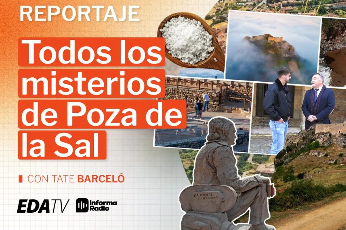 Portada de un reportaje titulado Todos los misterios de Poza de la Sal con imágenes de paisajes, una estatua, personas conversando y sal en una cuchara de madera