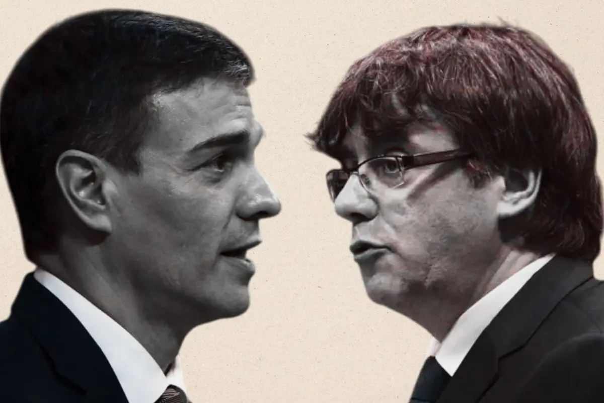 Dos hombres de perfil enfrentados, ambos vestidos con traje y corbata, sobre un fondo claro