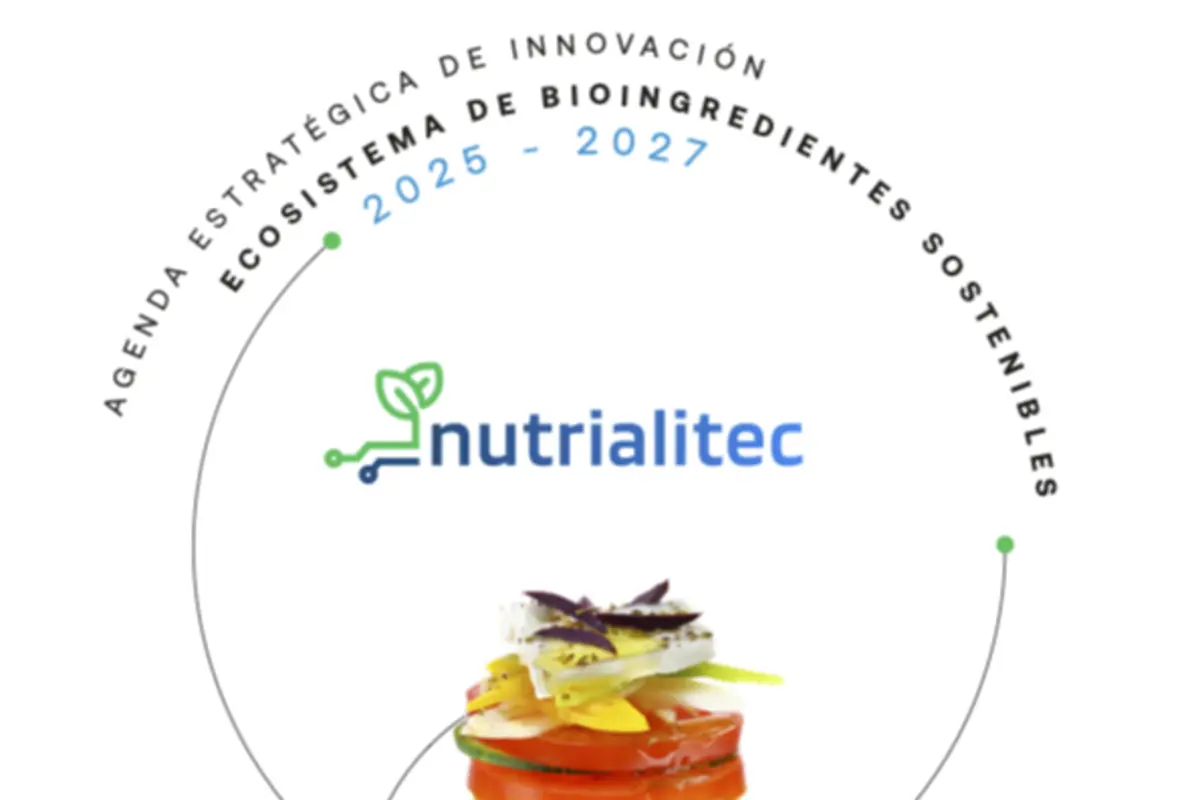 Logo de nutrialitec con el texto Agenda Estratégica de Innovación Ecosistema de Bioingredientes Sostenibles 2025-2027 y una torre de vegetales apilados