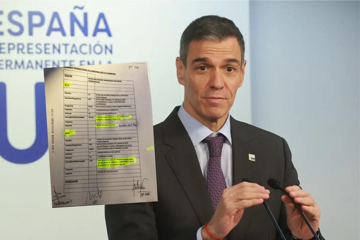 Hombre con traje hablando ante micrófonos en una rueda de prensa con un documento oficial ampliado en primer plano que muestra varias líneas subrayadas en amarillo y la palabra España parcialmente visible en el fondo