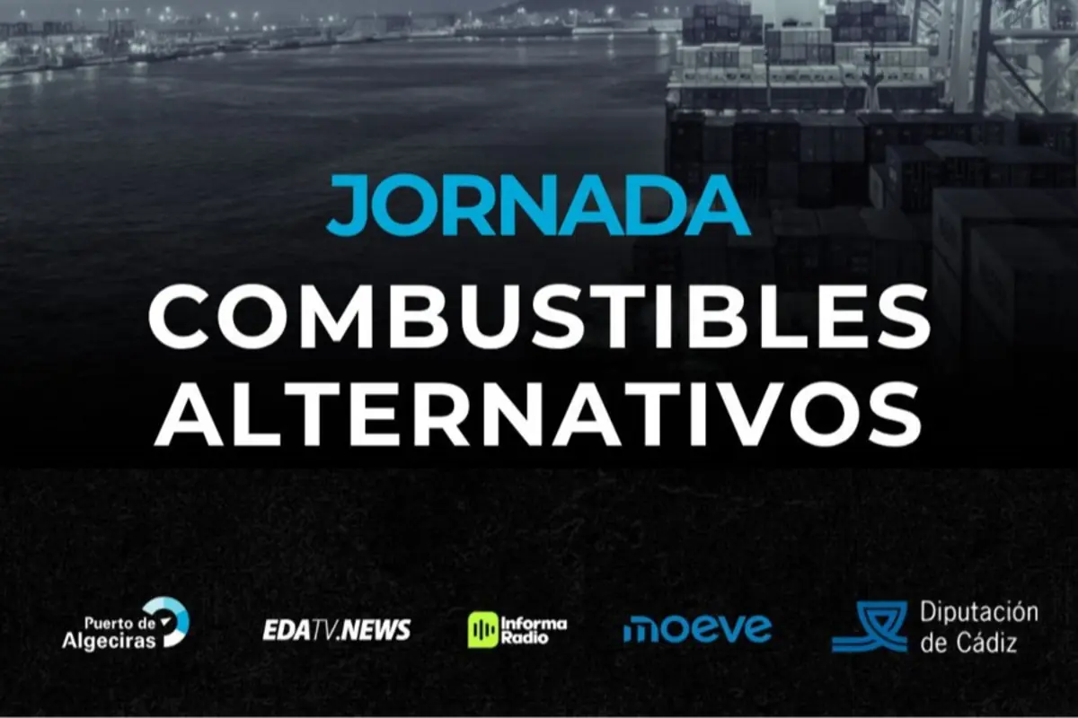 Imagen promocional de una jornada sobre combustibles alternativos con logos de varias organizaciones y un fondo de puerto industrial