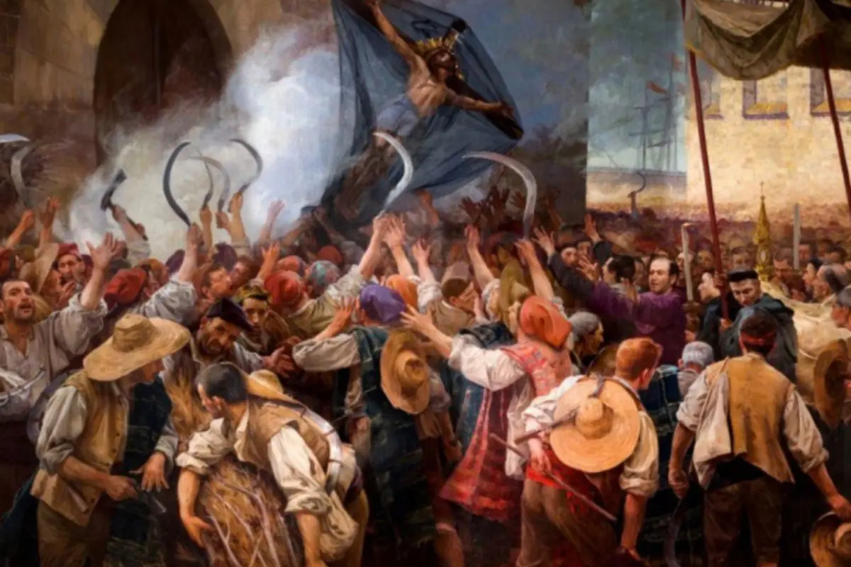 Multitud de personas vestidas con ropa tradicional rodean y levantan los brazos hacia una figura religiosa en el centro de la escena, mientras algunos portan hoces y hay humo en el ambiente