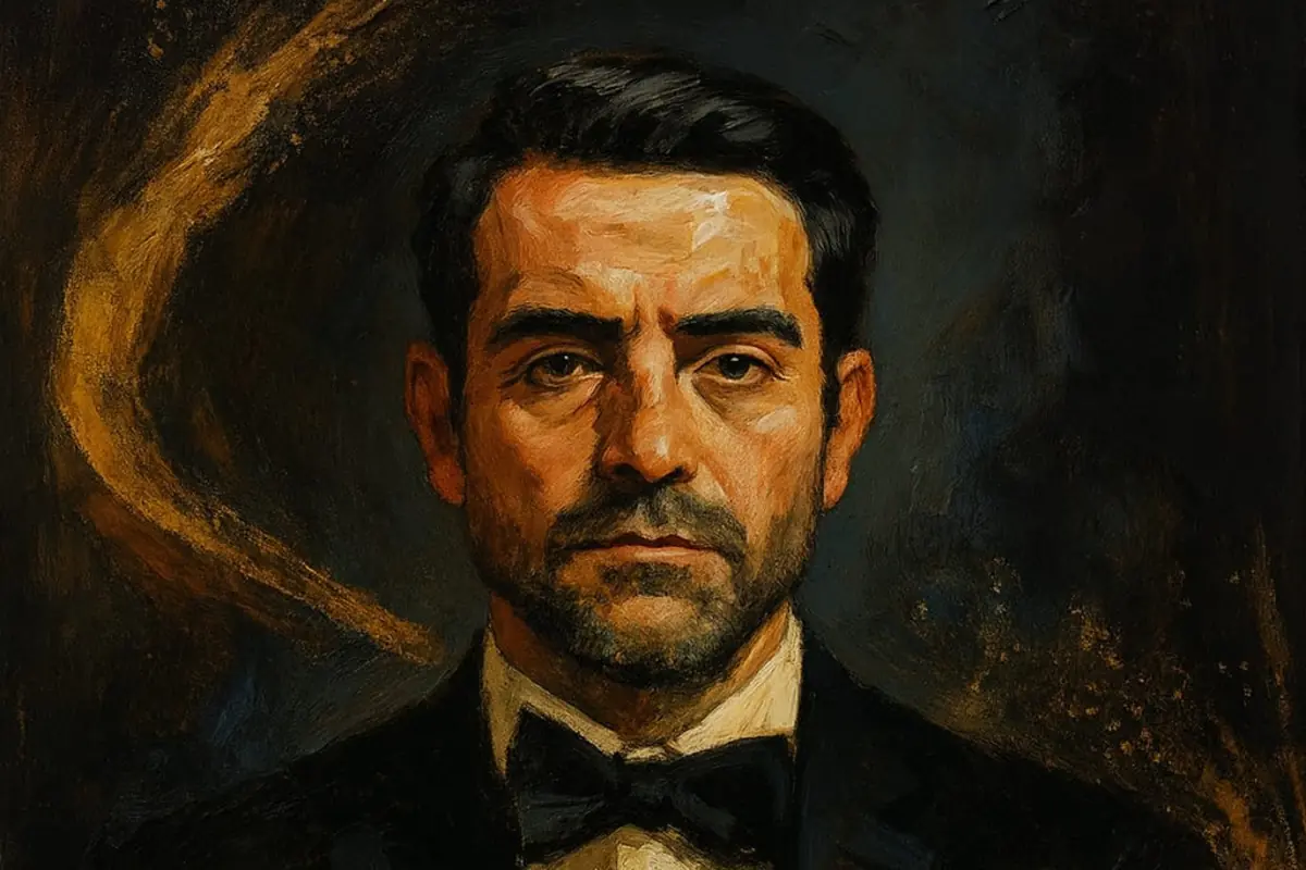 Retrato pintado al óleo de un hombre con barba corta y cabello oscuro vestido con esmoquin y pajarita sobre un fondo oscuro con pinceladas doradas