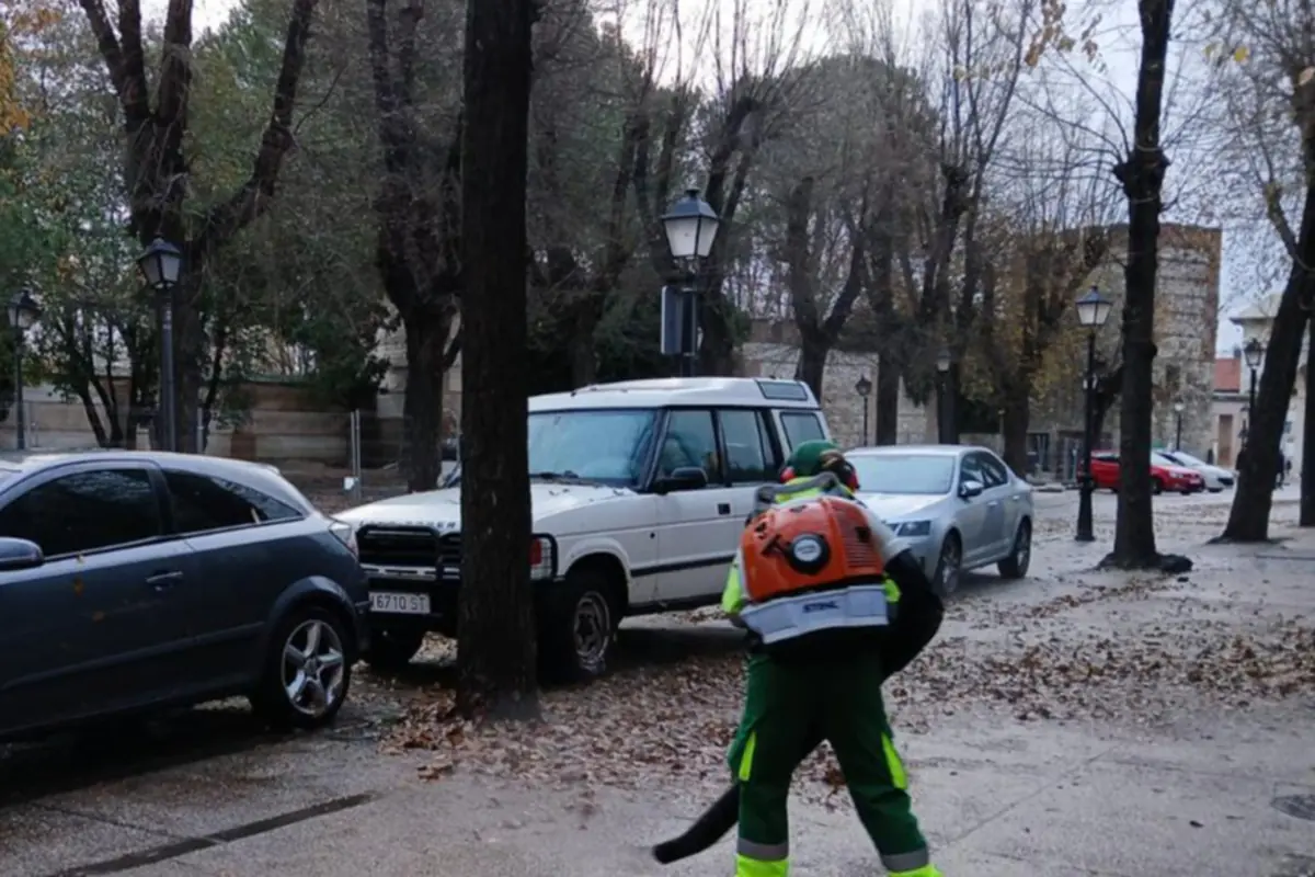 Trabajador de limpieza urbana con soplador de hojas en una calle arbolada junto a varios coches aparcados