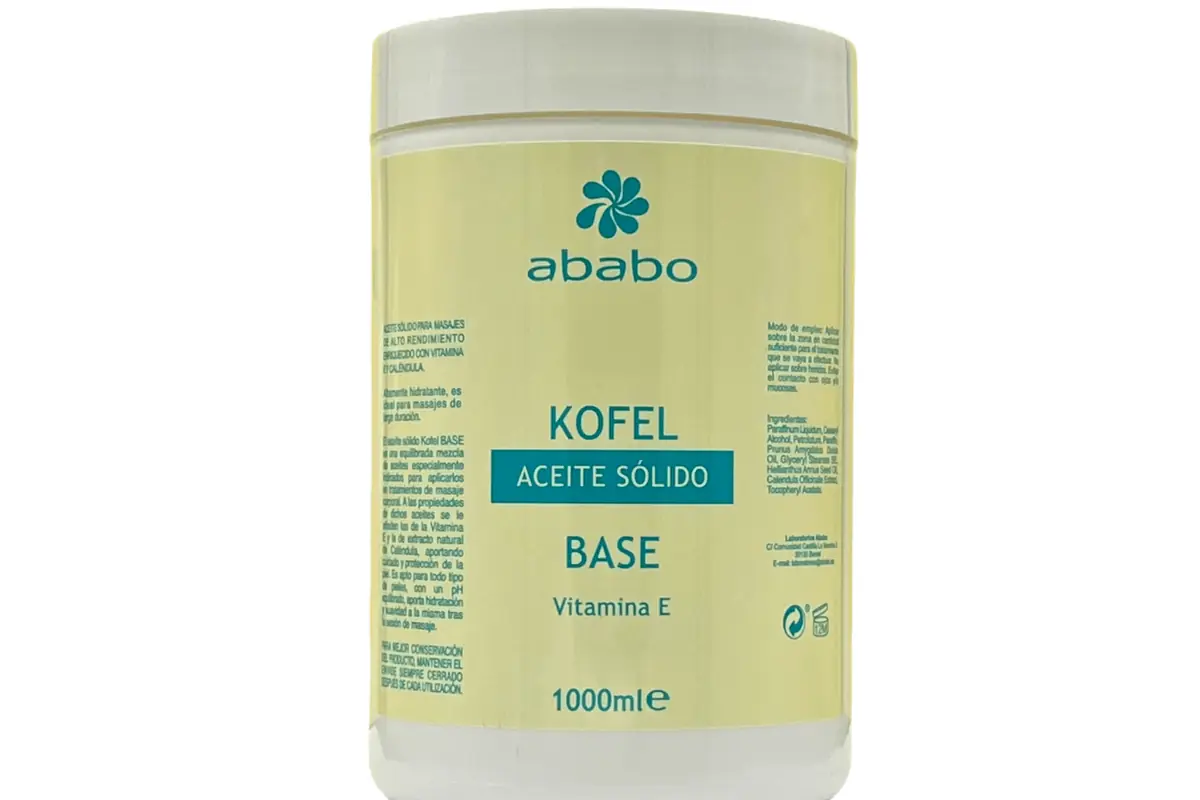 Envase de 1000 ml de aceite sólido Kofel base con vitamina E de la marca Ababo para masajes y cuidado de la piel