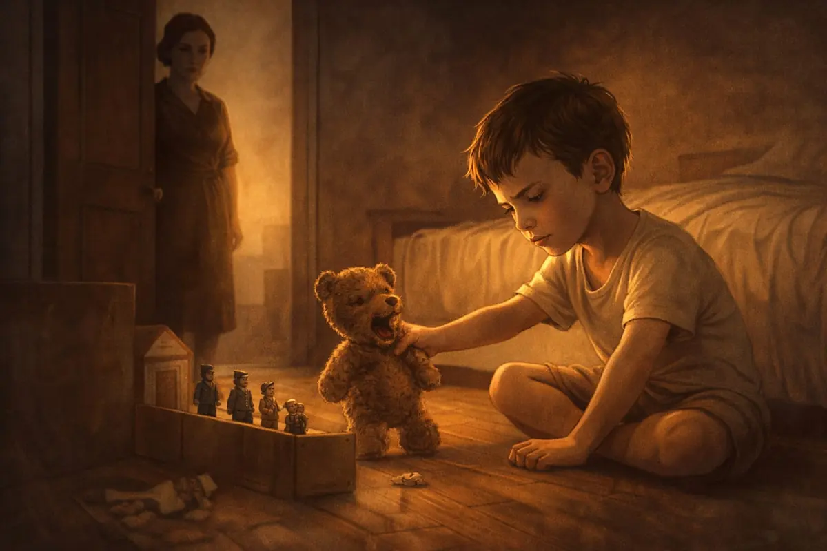 Niño pequeño sentado en el suelo de su habitación jugando pensativo con un oso de peluche mientras una mujer lo observa desde la puerta entreabierta iluminada por una luz cálida