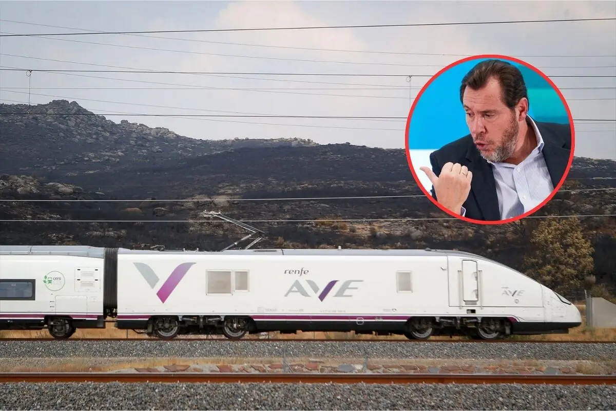 Tren de alta velocidad AVE de Renfe circulando por una zona rural con montañas al fondo y un recuadro rojo que muestra a un hombre de mediana edad gesticulando durante una conversación