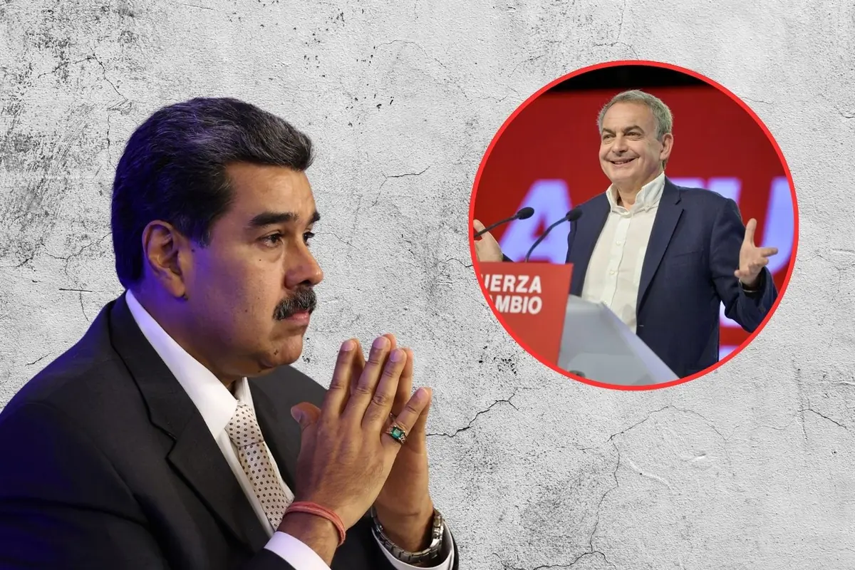 Hombre de traje oscuro en primer plano con las manos juntas en gesto pensativo y en la esquina superior derecha un recuadro circular rojo con otro hombre hablando sonriente en un atril sobre fondo rojo