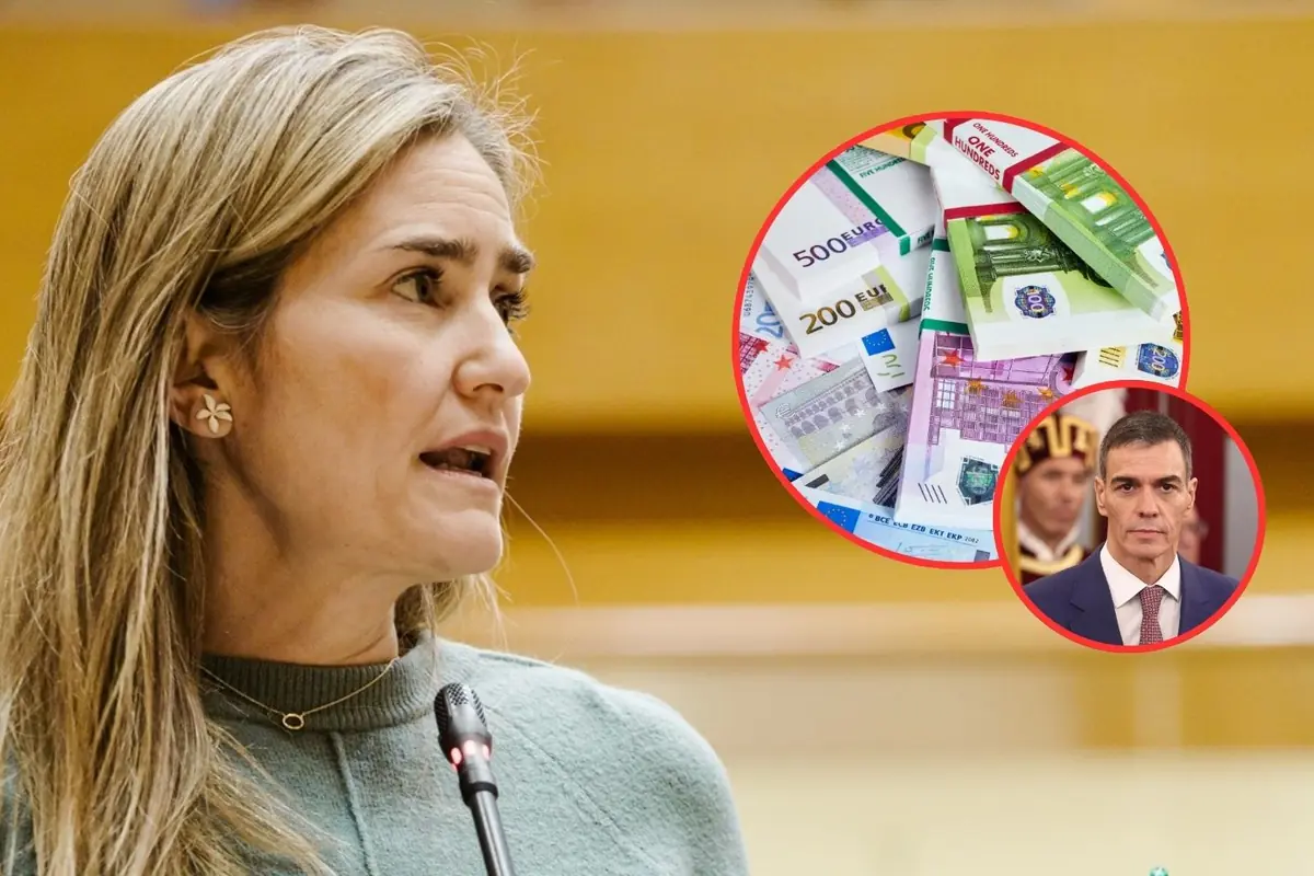 Mujer hablando ante un micrófono en un parlamento con un montaje de billetes de euro y el rostro de un político en círculos rojos sobreimpresos
