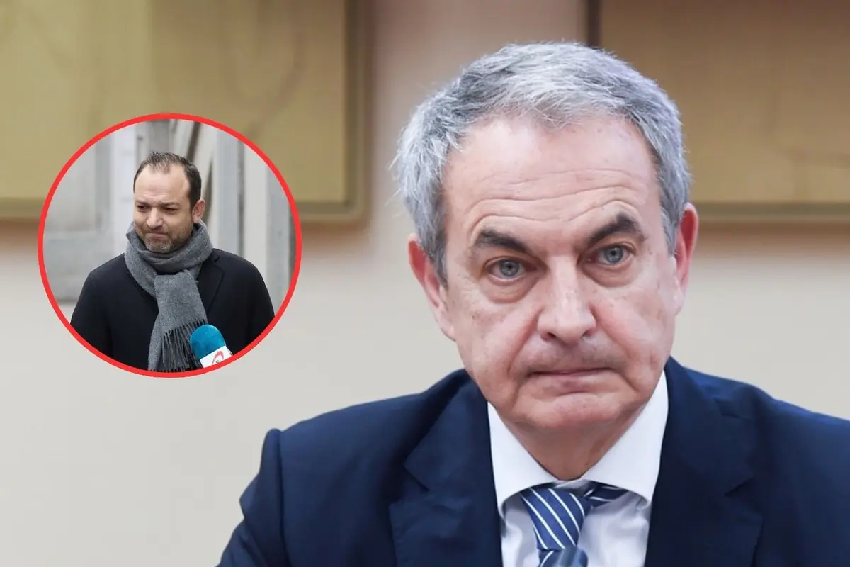 Hombre de cabello canoso con traje y corbata mira serio a cámara mientras en un círculo rojo se muestra a otro hombre con bufanda gris hablando ante un micrófono en la calle