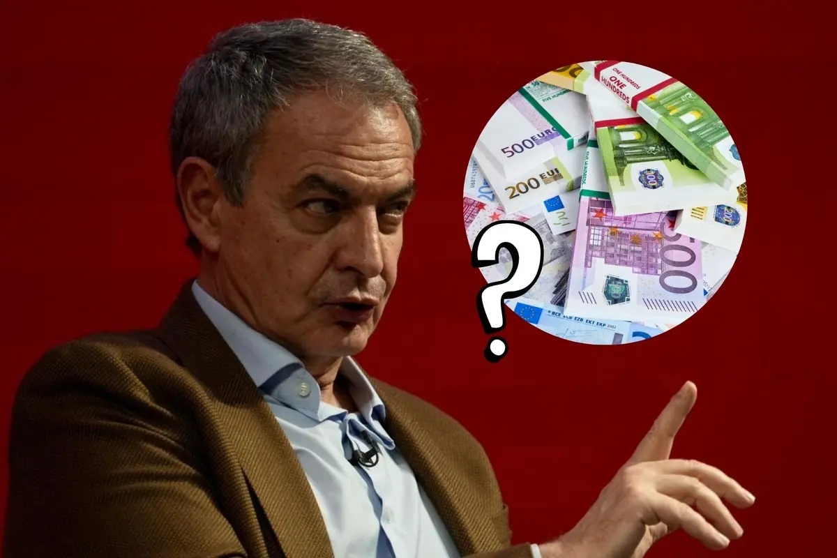 Hombre mayor gesticulando con expresión seria frente a fondo rojo junto a un círculo con fajos de billetes de euro y un signo de interrogación