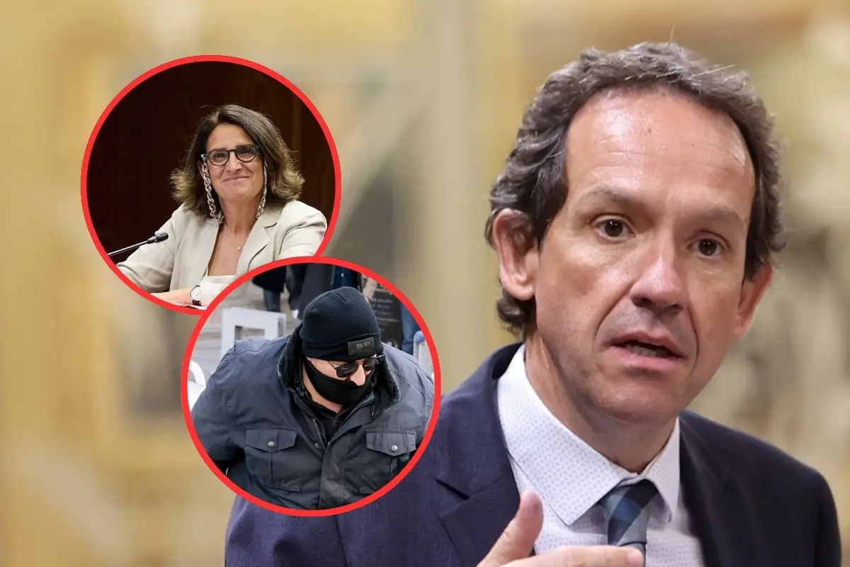 Hombre de traje hablando en primer plano con dos retratos circulares superpuestos de otra mujer en una reunión y de una persona abrigada con gorro y mascarilla